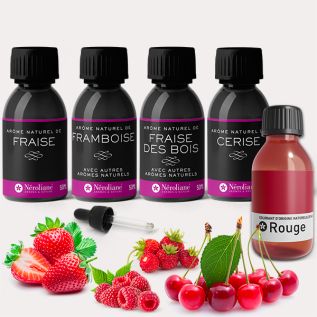 Confezione di 4 aromi naturali ai frutti rossi 50 ml, colorante rosso 30 ml + 1 pipetta in omaggio